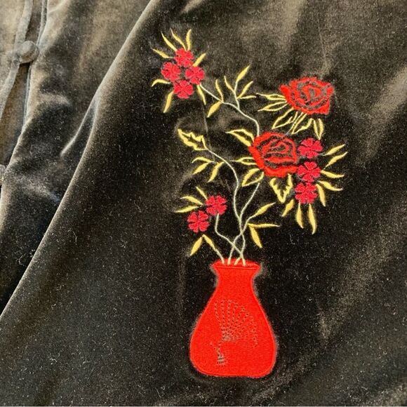 Y2K Susan Graver 2X Black Velvet Embroidered Frog Button Jacket Mandarin Collar - Picture 4 of 7